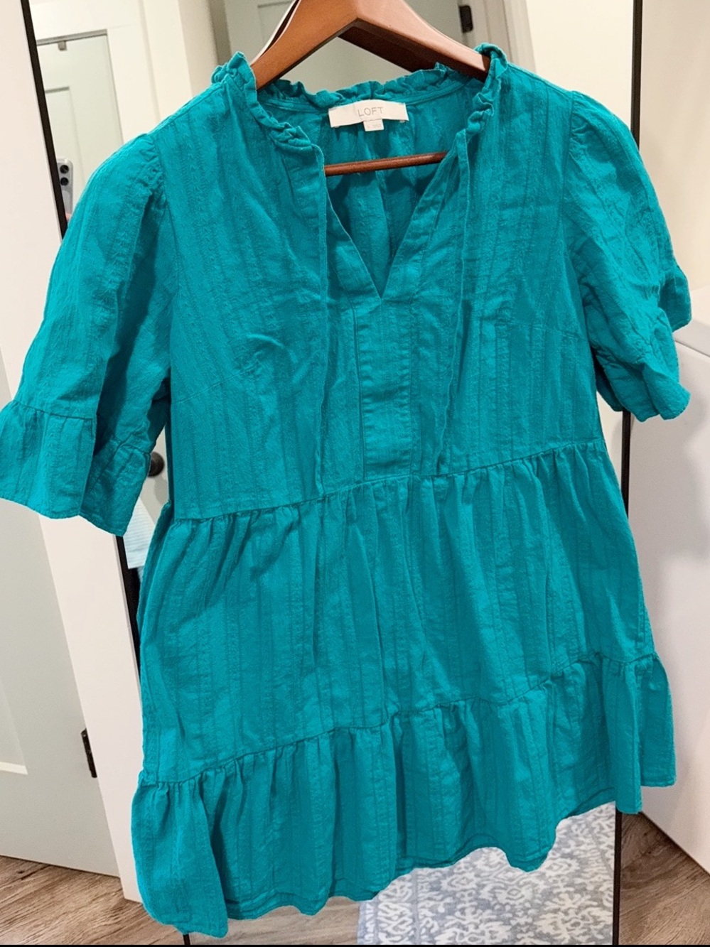 LOFT Teal Tiered Mini Dress Ruffle Cotton Turquoise Resort Vacation Summer Small